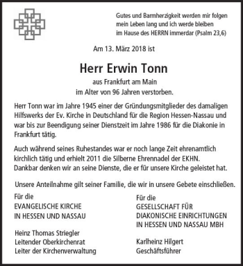 Traueranzeige von Erwin Tonn von Trauerportal Rhein Main Presse