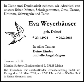 Traueranzeige von Eva Weyerhäuser von Trauerportal Rhein Main Presse