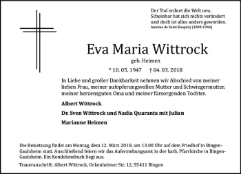 Traueranzeige von Eva Maria Wittrock von Trauerportal Rhein Main Presse