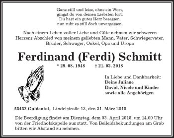 Traueranzeige von Ferdinand  Schmitt von Trauerportal Rhein Main Presse