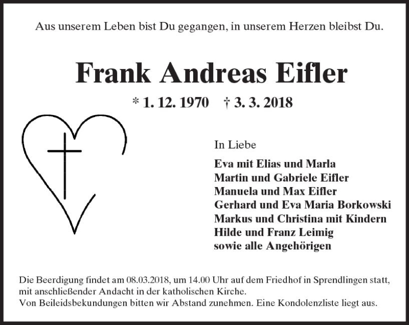  Traueranzeige für Frank Andreas Eifler vom 06.03.2018 aus Trauerportal Rhein Main Presse