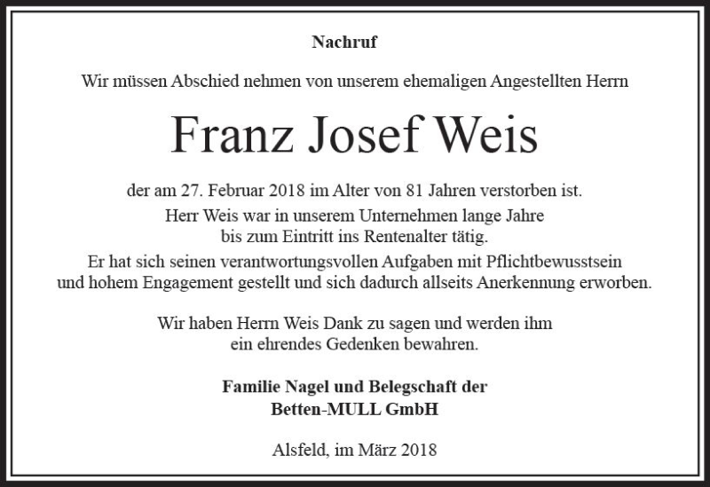  Traueranzeige für Franz Josef Weis vom 03.03.2018 aus VRM Trauer