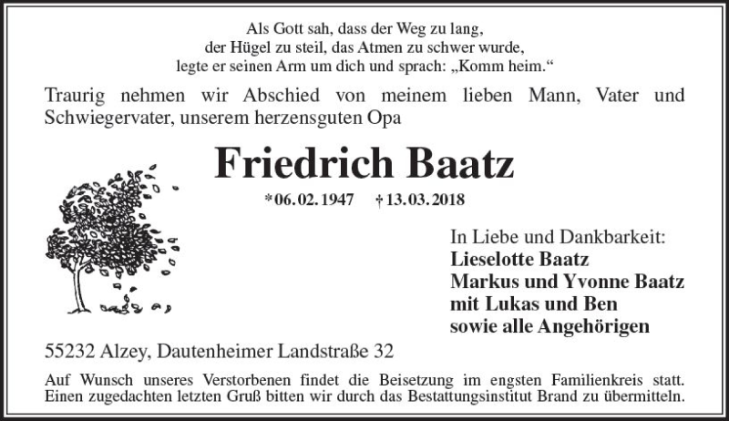  Traueranzeige für Friedrich Baatz vom 15.03.2018 aus Trauerportal Rhein Main Presse