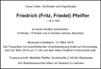 Traueranzeige von Friedrich Pfeiffer von Trauerportal Rhein Main Presse