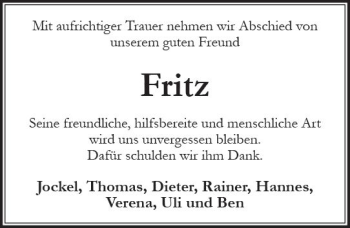 Traueranzeige von Fritz  von Trauerportal Rhein Main Presse