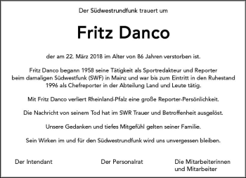 Traueranzeige von Fritz Danco von Trauerportal Rhein Main Presse