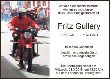 Traueranzeige von Fritz Gullery von Trauerportal Rhein Main Presse