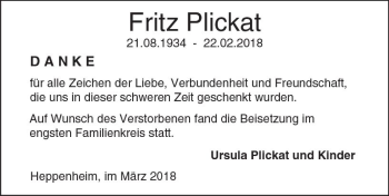 Traueranzeige von Fritz Plickat von Trauerportal Rhein Main Presse