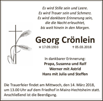Traueranzeige von Georg Crönlein von Trauerportal Rhein Main Presse