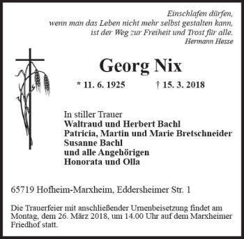 Traueranzeige von Georg Nix von Trauerportal Rhein Main Presse
