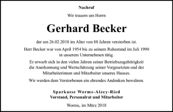 Traueranzeige von Gerhard Becker von Trauerportal Rhein Main Presse
