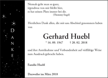 Traueranzeige von Gerhard Huebl von Trauerportal Rhein Main Presse