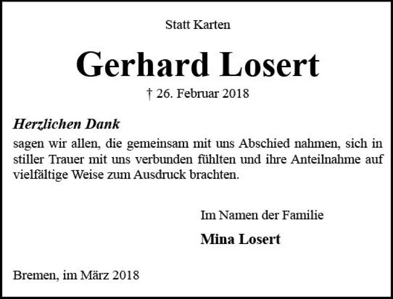  Traueranzeige für Gerhard Losert vom 24.03.2018 aus Trauerportal Rhein Main Presse