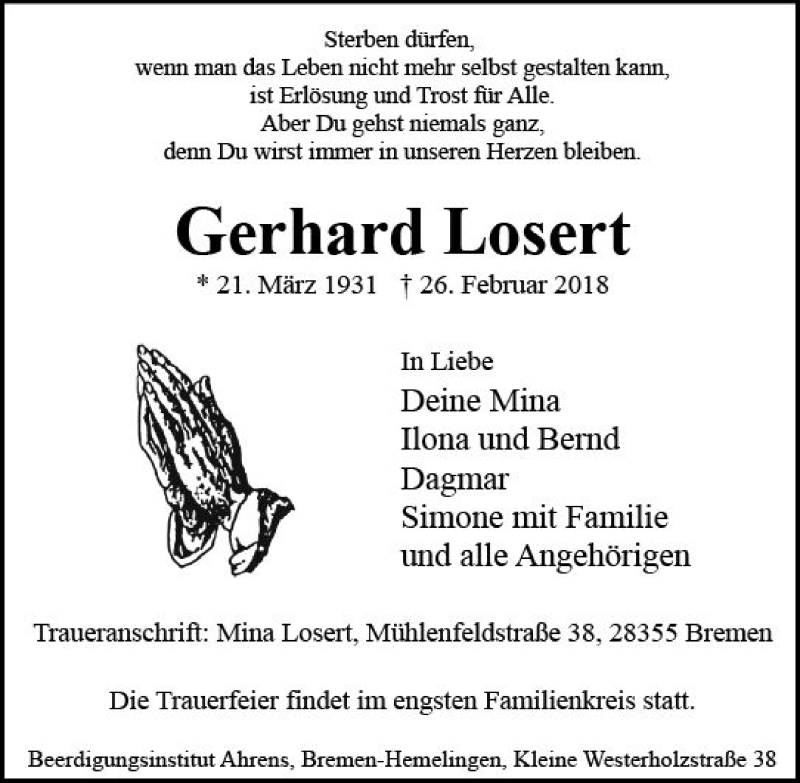  Traueranzeige für Gerhard Losert vom 03.03.2018 aus Trauerportal Rhein Main Presse