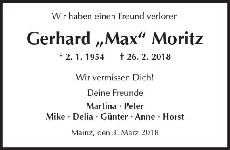  Traueranzeige für Gerhard Moritz vom 03.03.2018 aus Trauerportal Rhein Main Presse