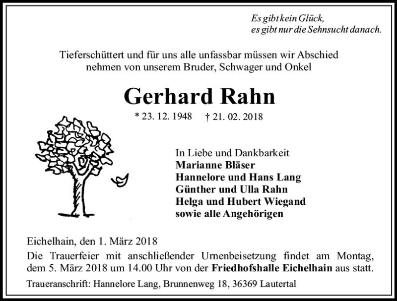  Traueranzeige für Gerhard Rahn vom 01.03.2018 aus VRM Trauer