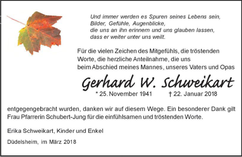  Traueranzeige für Gerhard  Schweikart vom 24.03.2018 aus  Kreisanzeiger