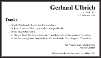 Traueranzeige von Gerhard Ulbrich von  Usinger Anzeiger