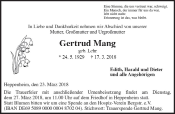Traueranzeige von Gertrud Mang von Trauerportal Rhein Main Presse