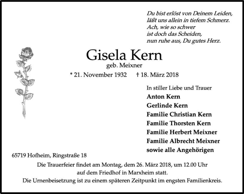  Traueranzeige für Gisela Kern vom 23.03.2018 aus Trauerportal Rhein Main Presse