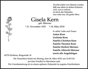 Traueranzeige von Gisela Kern von Trauerportal Rhein Main Presse