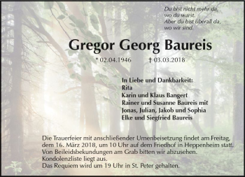Traueranzeige von Gregor Georg Baureis von Trauerportal Rhein Main Presse