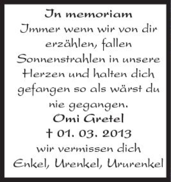 Traueranzeige von Gretel  von  Kreisanzeiger