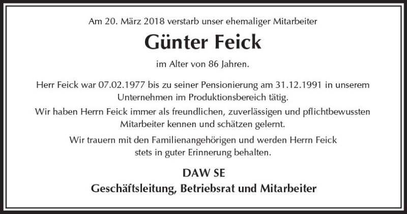  Traueranzeige für Günter Feick vom 29.03.2018 aus Trauerportal Rhein Main Presse