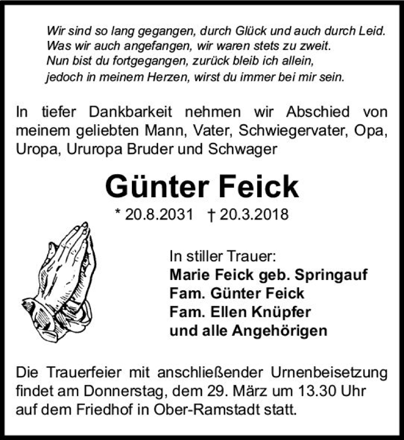  Traueranzeige für Günter Feick vom 26.03.2018 aus Trauerportal Rhein Main Presse