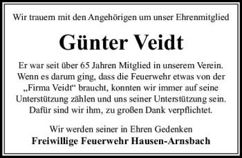 Traueranzeige von Günter Veidt von  Usinger Anzeiger