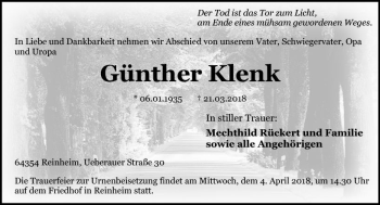 Traueranzeige von Günther Klenk von Trauerportal Rhein Main Presse