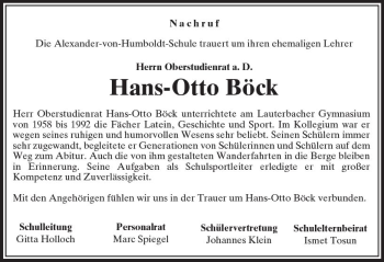 Traueranzeige von Hans-Otto Böck von VRM Trauer