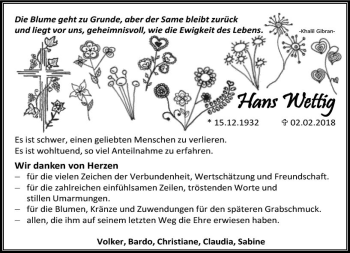 Traueranzeige von Hans Wettig von Trauerportal Rhein Main Presse