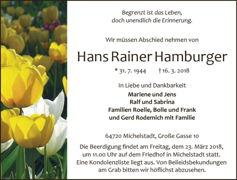  Traueranzeige für Hans Rainer Hamburger vom 21.03.2018 aus Trauerportal Rhein Main Presse