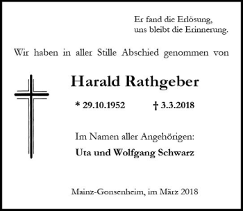 Traueranzeige von Harald Rathgeber von Trauerportal Rhein Main Presse