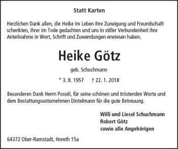 Traueranzeige von Heike Götz von Trauerportal Rhein Main Presse