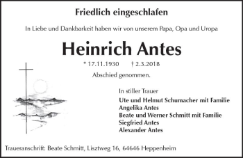 Traueranzeige von Heinrich Antes von Trauerportal Rhein Main Presse