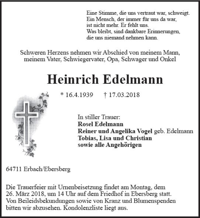  Traueranzeige für Heinrich Edelmann vom 23.03.2018 aus Trauerportal Rhein Main Presse