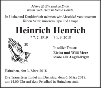 Traueranzeige von Heinrich Henrich von  Kreisanzeiger