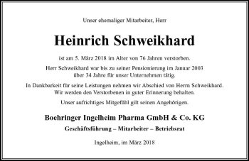 Traueranzeige von Heinrich Schweikhard von Trauerportal Rhein Main Presse