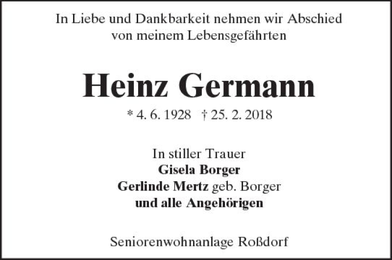  Traueranzeige für Heinz Germann vom 03.03.2018 aus Trauerportal Rhein Main Presse