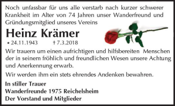 Traueranzeige von Heinz Krämer von Trauerportal Rhein Main Presse