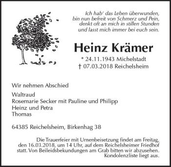 Traueranzeige von Heinz Krämer von Trauerportal Rhein Main Presse