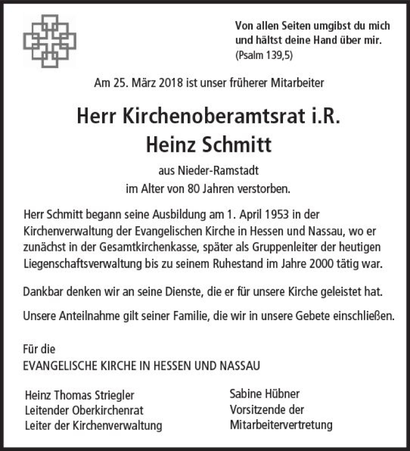  Traueranzeige für Heinz Schmitt vom 31.03.2018 aus Trauerportal Rhein Main Presse