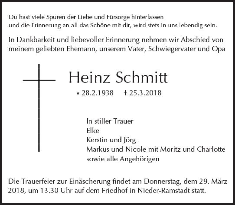  Traueranzeige für Heinz Schmitt vom 28.03.2018 aus Trauerportal Rhein Main Presse