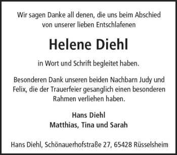 Traueranzeige von Helene Diehl von Trauerportal Rhein Main Presse