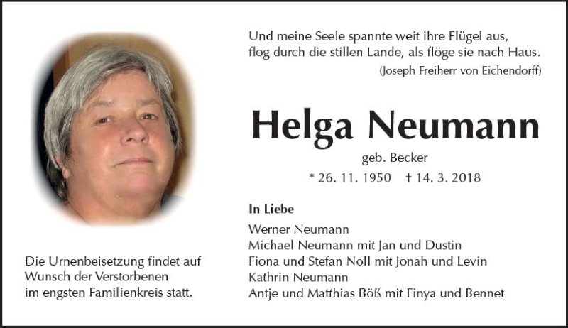  Traueranzeige für Helga Neumann vom 22.03.2018 aus  Camberger Anzeiger