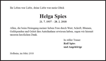 Traueranzeige von Helga Spies von Trauerportal Rhein Main Presse
