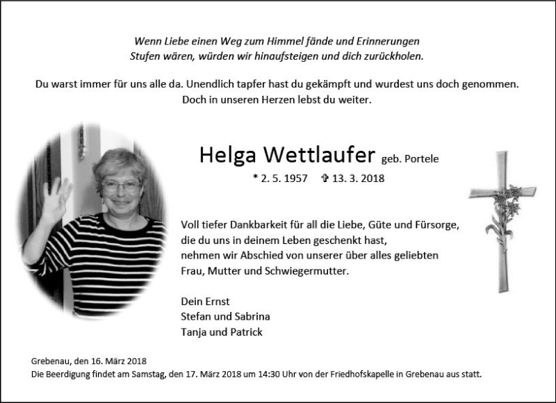  Traueranzeige für Helga Wettlaufer vom 16.03.2018 aus VRM Trauer