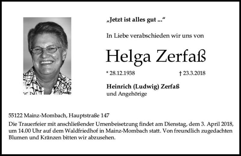 Traueranzeige für Helga Zerfaß vom 28.03.2018 aus Trauerportal Rhein Main Presse